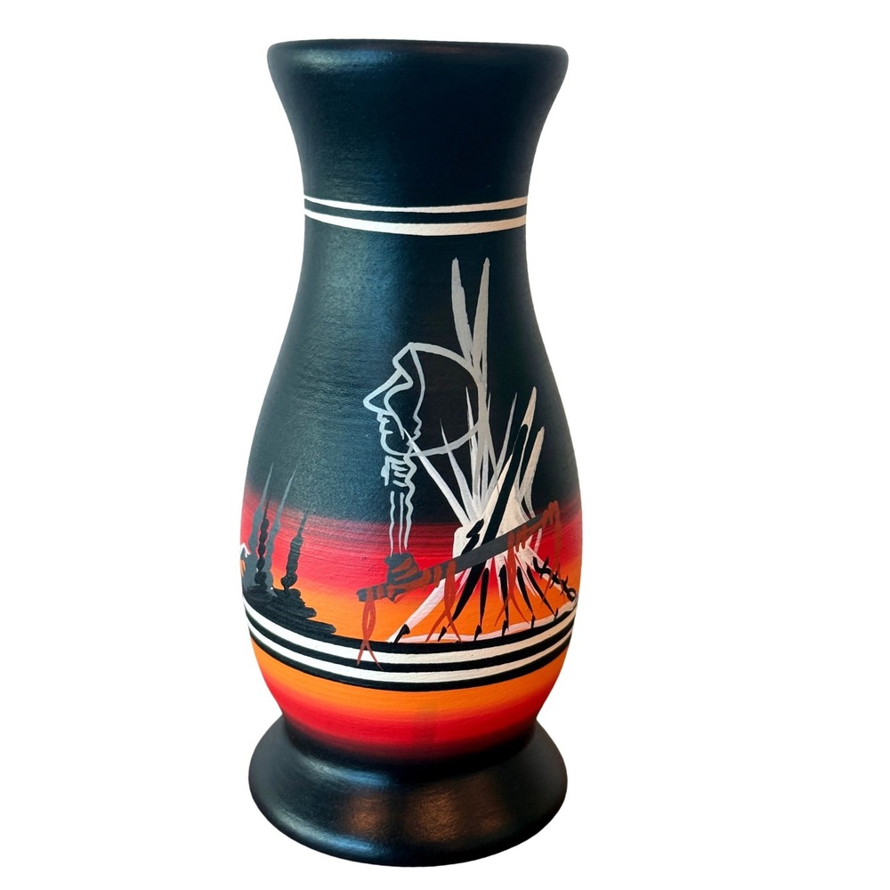 Vintage Native American Dine' Signed 6.5" Hand Painted Vase Desert Rainbow